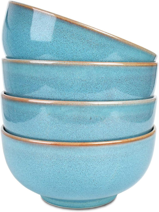 Bosmarlin Ceramic Soup Bowl Set of 4, 24 Oz, Cereal Bowl for Oatmeal, Dishwasher and Microwave Safe (5.75 Inches, Lake Blue)