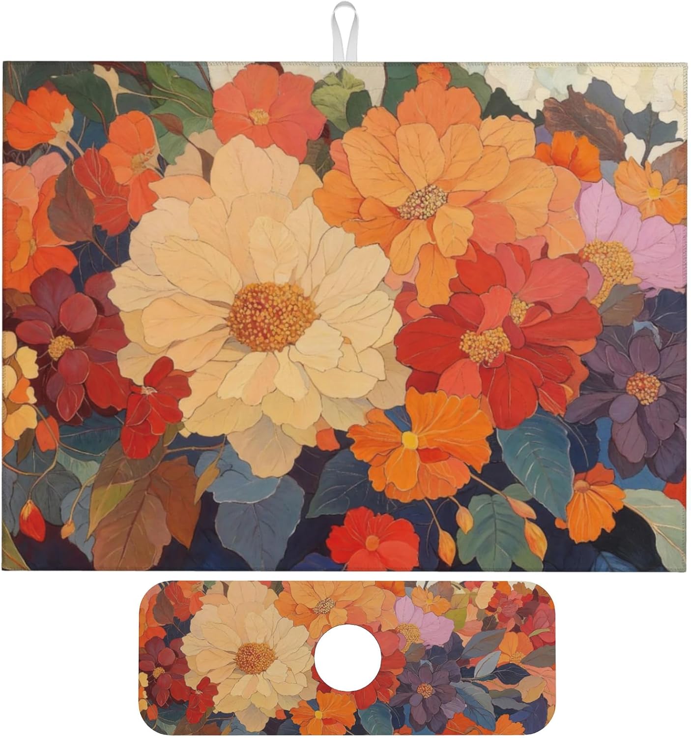 Colorful Floral Dish Drying Mat for Kitchen Counter, 18"x24" Microfiber Absorbent Fast Dry Mat, 2Pcs Dish Mat Faucet Mats Sets, Large Drying Kitchen Mat Kitchen Drying Pad Coffee Bar Decor Gifts