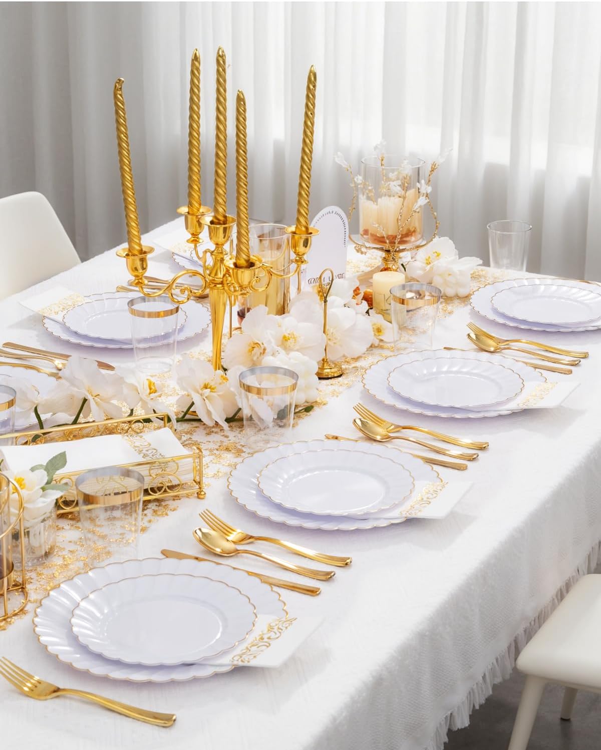 YOUBET 175PCS Gold Scalloped Plastic Plates - White and Gold Disposable Dinnerware Set Include 50 Plates, 75 Gold Silverware, 25 Cups, 25 Napkins for Party & Wedding & Thanksgiving