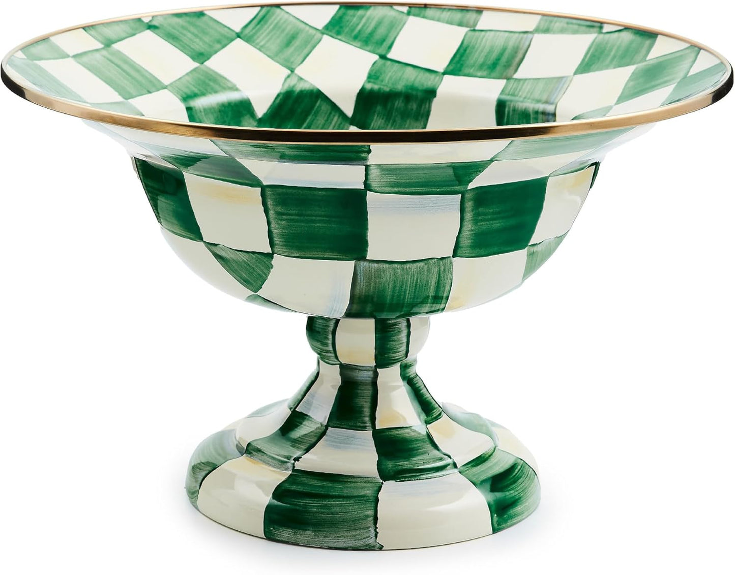 MACKENZIE-CHILDS Enamel Compote, Cute Enamel Pedestal Serving Dish or Decorative Bowl, Large, Green-and-White Emerald Check