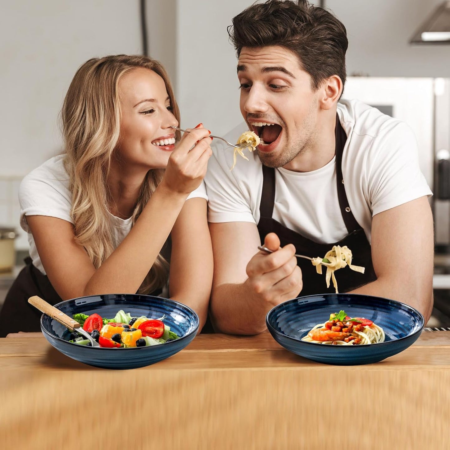 Hasense Pasta Bowls Set of 2, 32 Oz Porcelain Shallow Dinner Bowls for Salad, Soup, Home Gift - Dishwasher & Microwave Safe, Blue