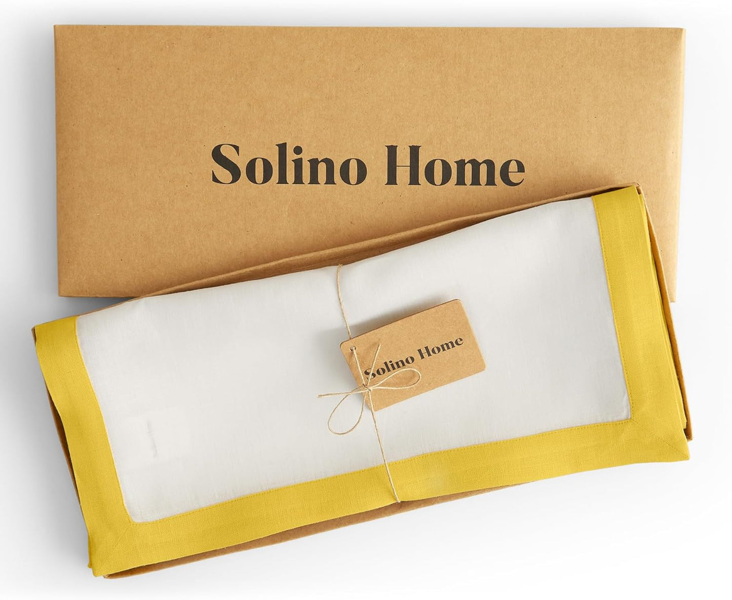 Solino Home Linen Table Runner 36 Inches - 100% Pure Linen Sunshine Yellow and White Small Table Runner 14 x 36 Inch Ideal for Dresser and Coffee Tables - Classic