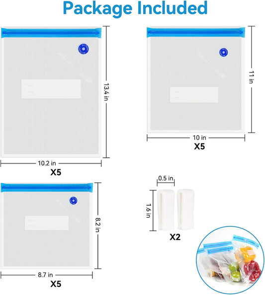 O2frepak 15 Pack Reusable Sous Vide Bags,BPA-Free Vacuum Seal Bags of 3 Sizes with 2 Seal Clips for Sous Vide Cooking and Food Storage
