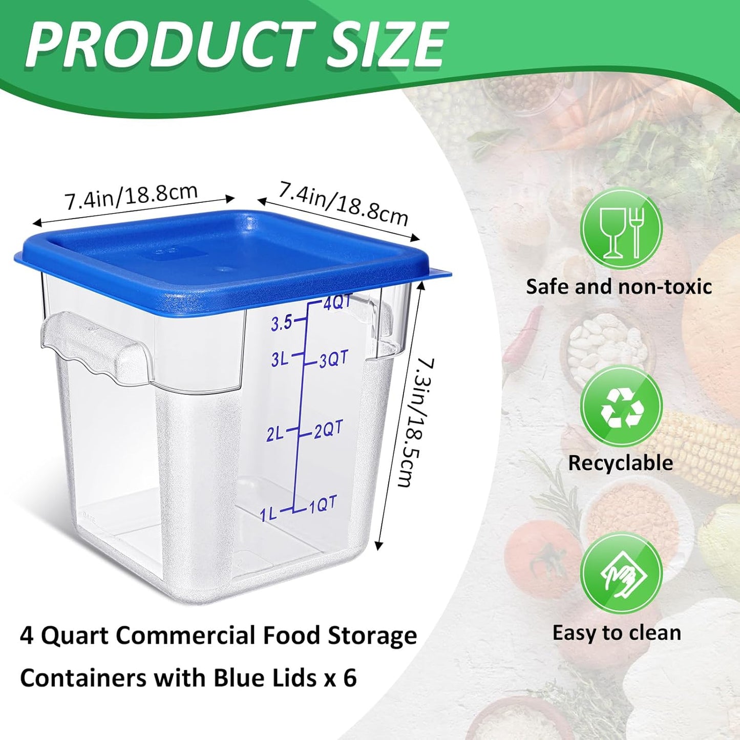 Yungyan 6 Pcs Commercial Clear Food Storage Containers 4 Qt Square Acrylic Airtight Food Storage Containers with Lids for Kitchen Restaurant Pantry Freezer Flour Sugar(Blue)