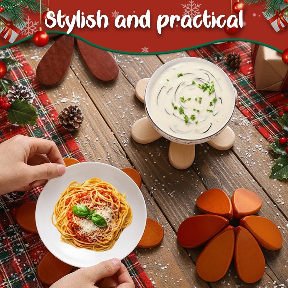 Wooden Trivets for Hot Dishes, 2026 New Handmade Wooden Christmas Tree Coasters for Bowls Teapots Drinks Plates, Home Table Decor, Tree Shape Trivet Set of 4 for Hot Pot Pans (A)