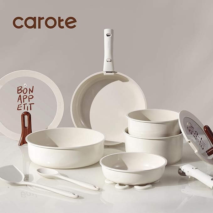 CAROTE 18Pcs Pots and Pans Set Non Stick, Nonstick Ceramic Cookware Set with Detachable Handle, Non Toxic Kitchen Cooking Sets, PFOA Free, Oven Safe, Stackable Induction Ready, Cream White