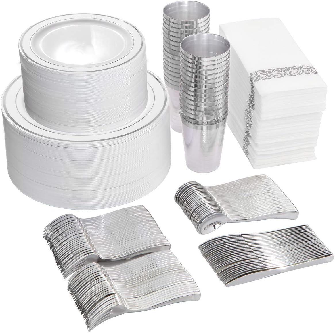 I00000 700 Piece Silver Dinnerware Set for 100 Guests-100 Dinner Plates, 100 Dessert Plates, 100 Disposable Cups 10 oz, 100 Paper Napkins, 100 Plastic Silverware Set Perfect for Party & Wedding