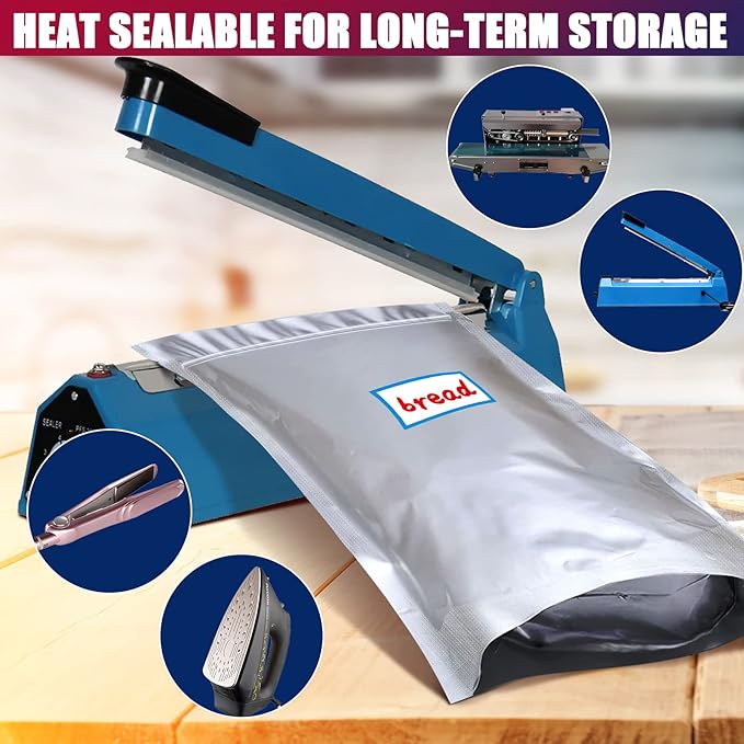 100 Pack 10.2 Mil Mylar Bags for Food Storage with Oxygen Absorbers 400cc (10 x 10 Packs) and 200 Pcs Color Labels - 10”*14” / 6”* 9” / 4.3”*6.3” Resealable Zipper Mylar Bag for Long Term Food Storage