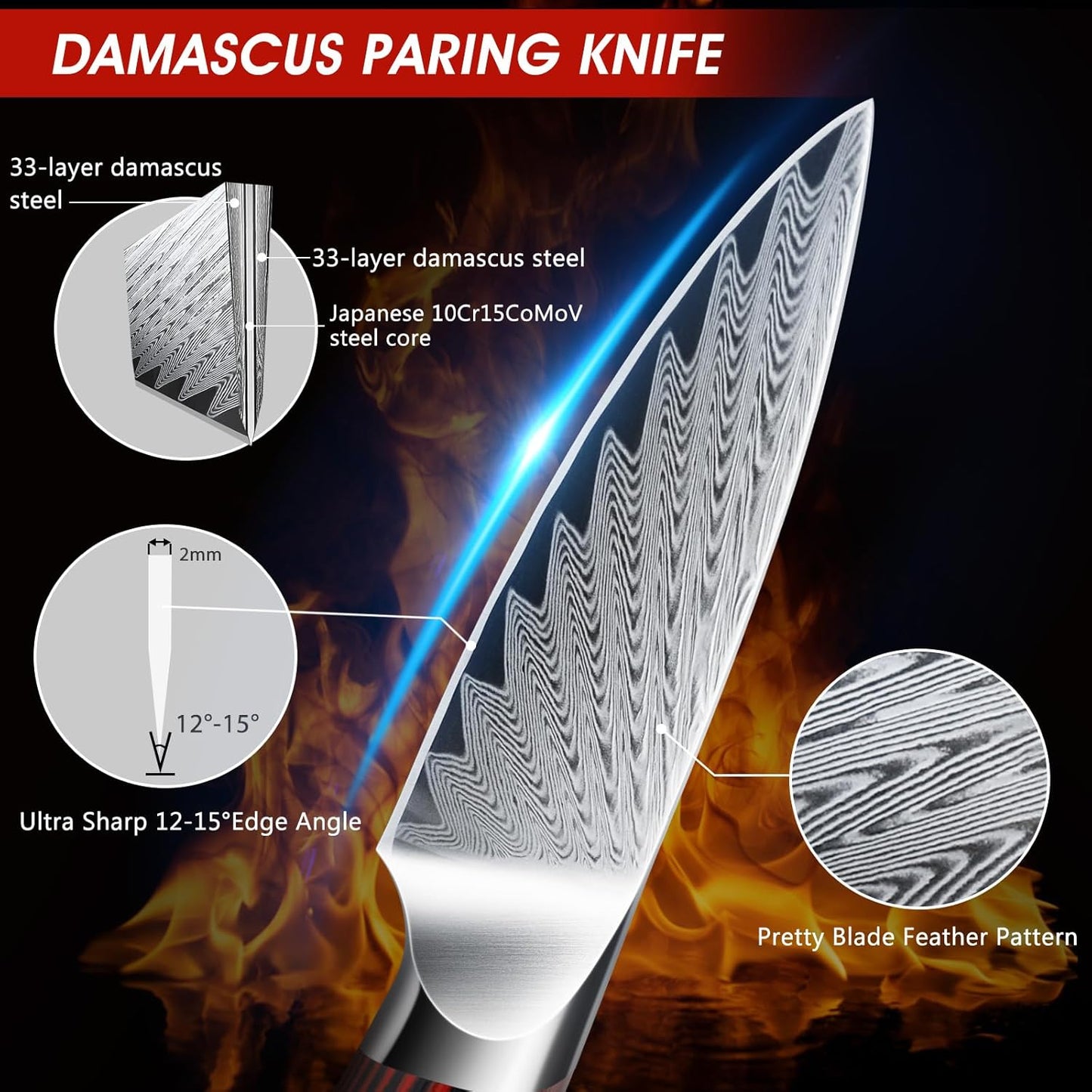 HOSHANHO Paring Knife 3.75 Inch Small Kitchen Knife, Super Sharp Damascus Steel Fruit Knife, Multifunctional Peeling Knife for Cutting Fruit Vegetables