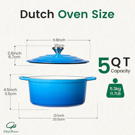 Chef Power Dutch Oven Pot with Lid 5QT, Enameled Cast Iron Dutch Oven for Bread Baking, Braising, Stews, Roasting, Oven Safe Dutch Ovens, Gradient Blue