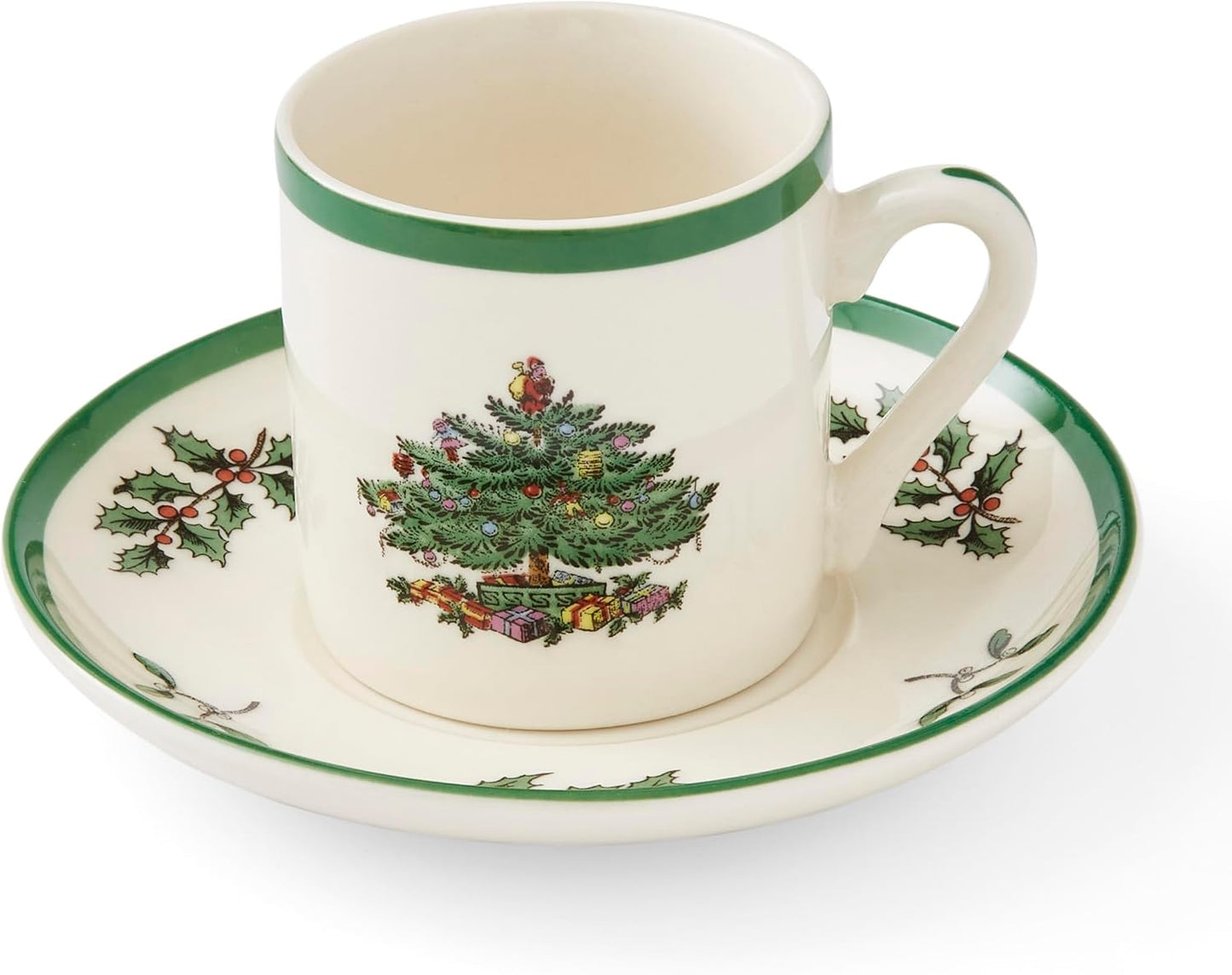Spode Christmas Tree Espresso Cup & Saucer Set (Set of 4) - Festive 3 Ounce Coffee Mugs with Saucers, Fine Earthenware for Espresso, Holiday Gift & Christmas Décor - Dishwasher & Microwave Safe