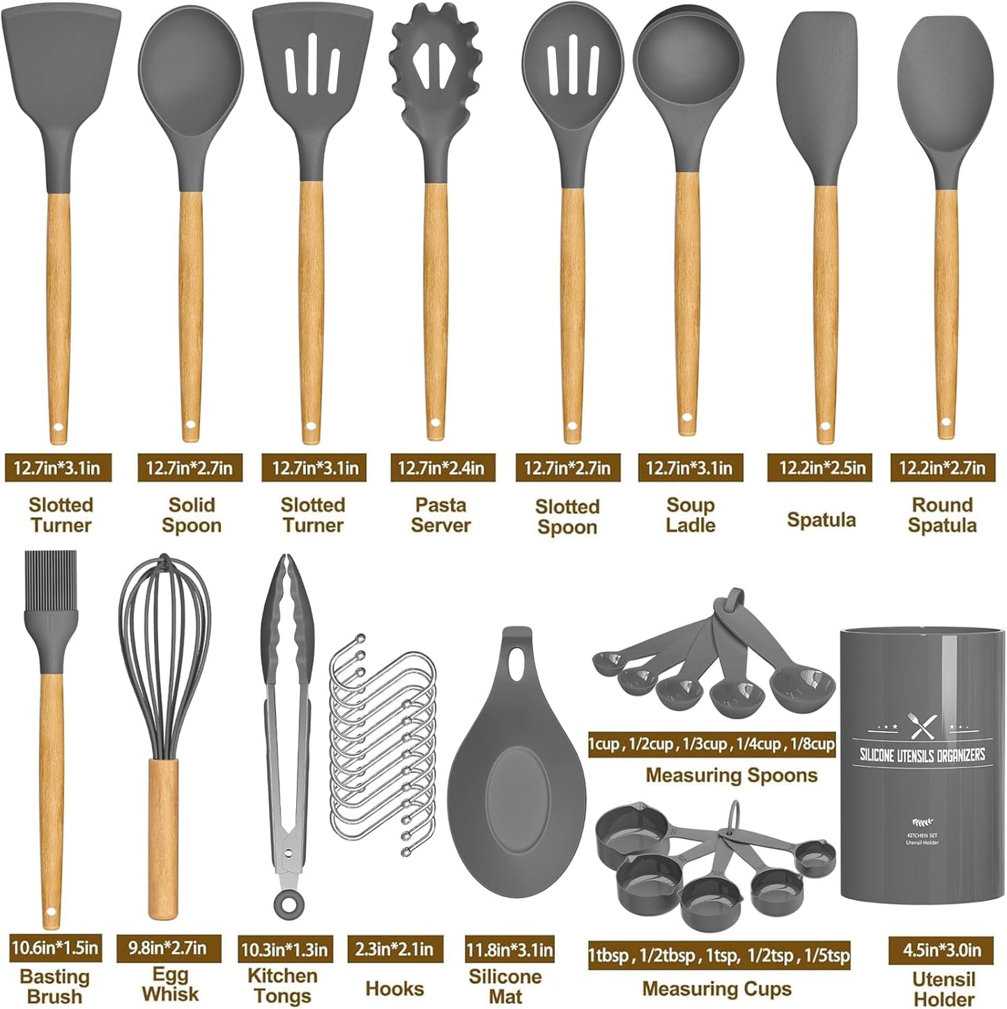 Umite Chef Kitchen Cooking Utensils Set, 33 pcs Non-stick Silicone Utensils Spatula Set with Holder, Wooden Handle Heat Resistant Silicone Kitchen Gadgets Utensil Set (Gray)