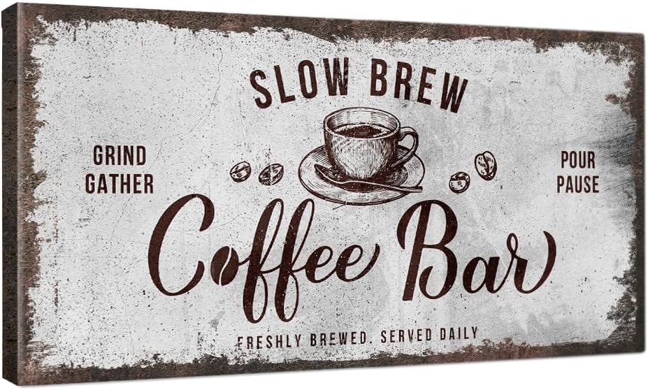 IPIC - Rustic Coffee Bar Sign Slow Brew, Canvas Print Wall Art for Home and Coffee Station, Rustic Industrial Style Wall Decor for Kitchen and Cafe