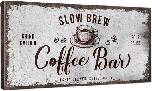 IPIC - Rustic Coffee Bar Sign Slow Brew, Canvas Print Wall Art for Home and Coffee Station, Rustic Industrial Style Wall Decor for Kitchen and Cafe