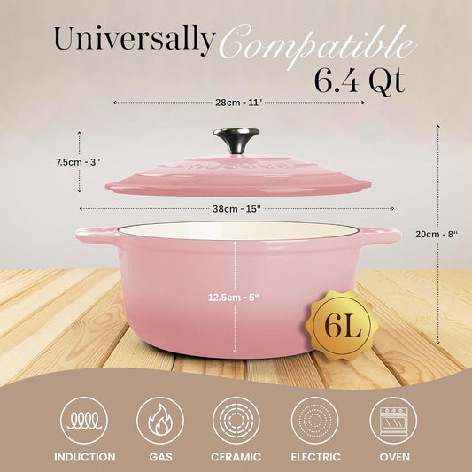 Nuovva Enamelled Cast Iron Dutch Oven Pot with Lid 6.4 Quart Non Stick Casserole Pot – Heavy Duty & Oven Safe up to 500° F for Bread Baking, Braising, Stews, Roasting – 28cm Pink