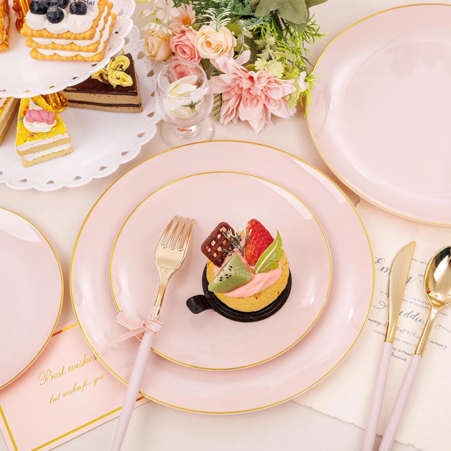 DaYammi 150Pcs Pink and Gold Plastic Plates Heavy Duty Gold Rimmed Plates Pink Plastic Disposable Plate Included 30 Dinner plates,30 Dessert plate,30 Knives,30 Forks,30 Spoons for Wedding Party