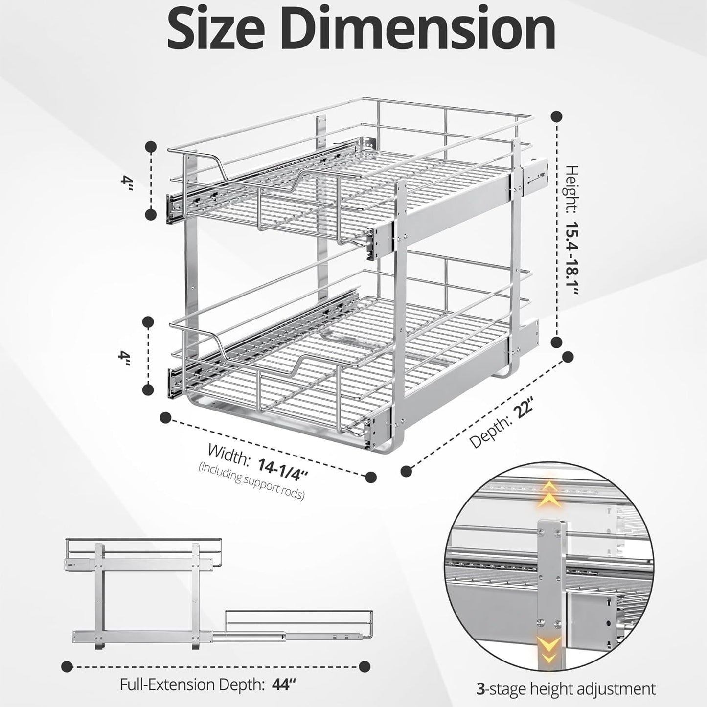 ZOINLIY Pull Out Cabinet Organizer, Versatile Slide Out Kitchen Organizers and Storage,Heavy Duty Drawer Cupboard Storage Basket, Smooth Sliding, Chrome Finish (2-Tiers-14¼''W×22“D)