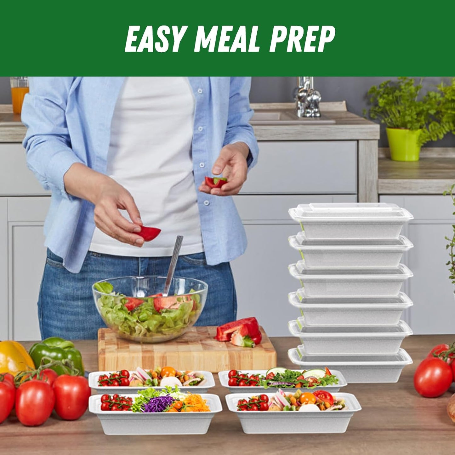 50 Pack (100-Piece) 32 oz Meal Prep Containers Reusable with Easy Open Lids, Sturdy Leakproof Food Safe, Microwave Freezer Dishwasher Safe, To Go Take Out Plastic Food Storage Pans with Lids, Silver