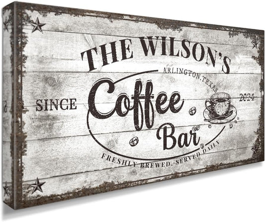IPIC - Custom Coffee Bar Sign, Personalized Large Canvas Wall Art with Family Name, Vintage Coffee Station Decor, Canvas Prints Gift for Friend Family