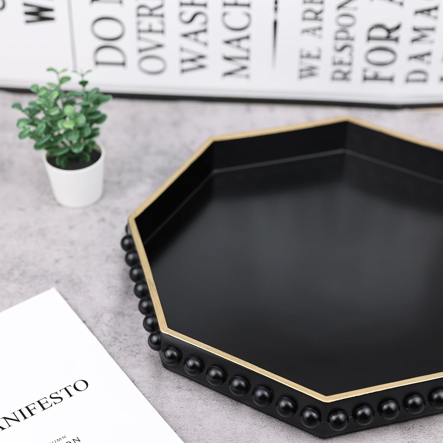 Black Serving Tray for Coffee Table, Octagonal Beaded Plastic Decorative Tray for Ottoman, Kitchen Counter, Living Room, Outdoor Lacquer Tray for Entertaining