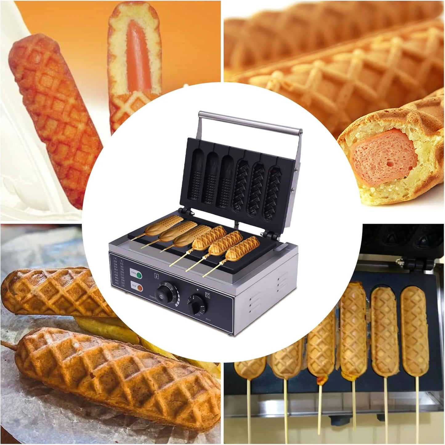 Hotdog Waffle Maker Machine Electric Corn Dog Maker 6 Slice 2 Patterns Non-Stick Stainless Steel Waffle Baker Machine