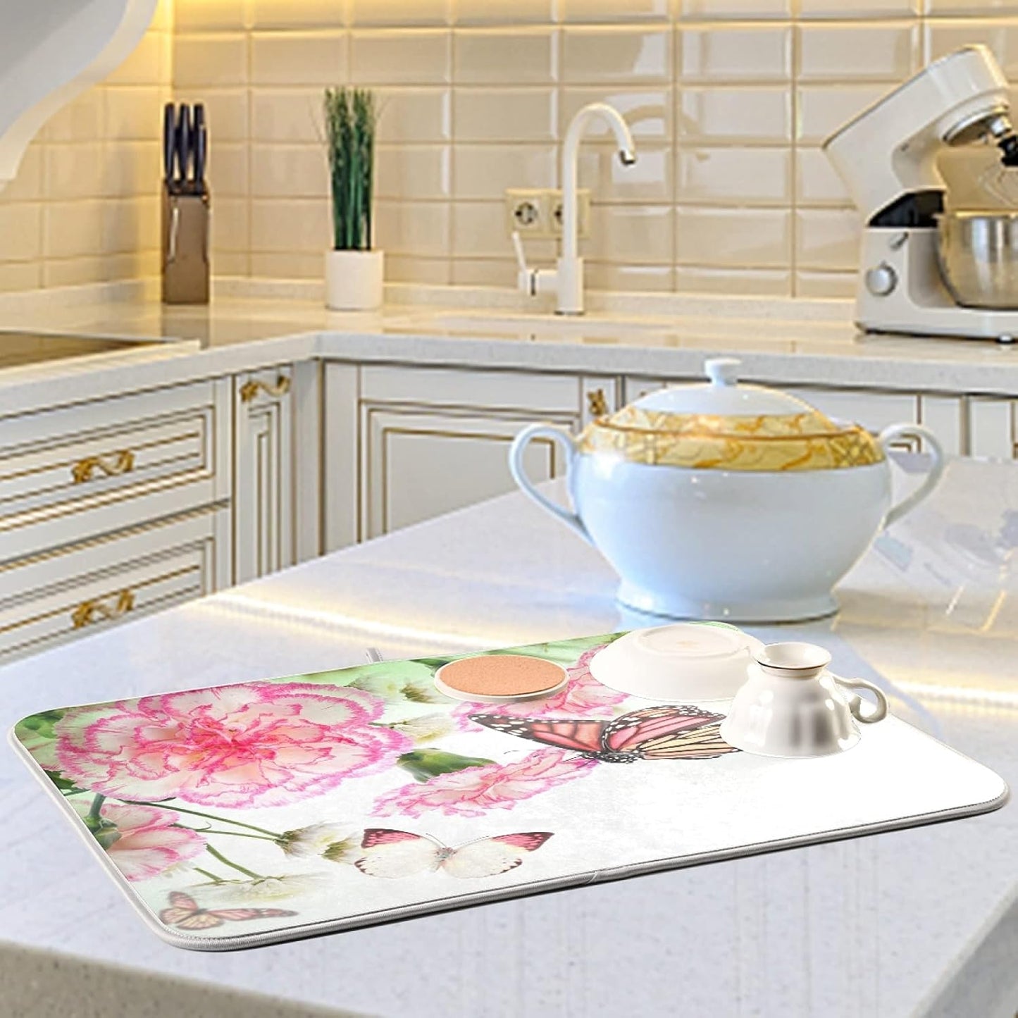 Dish Drying Mat for Kitchen Counter 16 x 18 Inch Pink Roses Butterfly Super Absorbent Microfiber Dish Drainer Rack Mats Soft Heat Resistant Drying Protector Pad