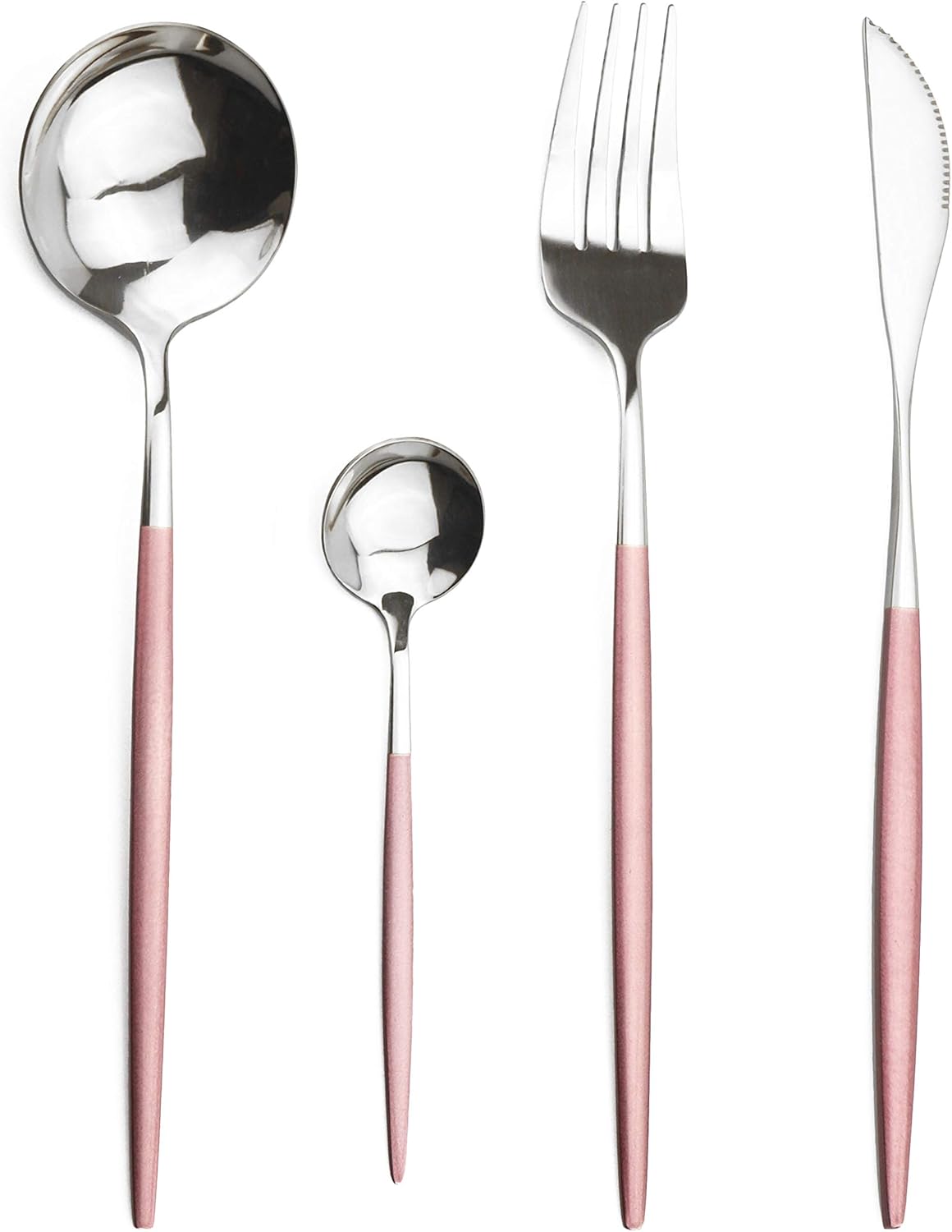 24-Piece Flatware Set, 18/0 Stainless Steel Knife Fork Spoon Teaspoon Silverware Set, Service for 6, Pink Handle Silver