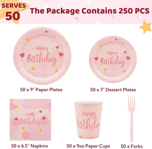 Birthday Party Tableware Set - 250PCS Party Supplies Pink Heart Disposable Paper Plates Dinnerware Set Pink Dinner Dessert Plates Cups Napkins Plastic Forks for 50 Guests