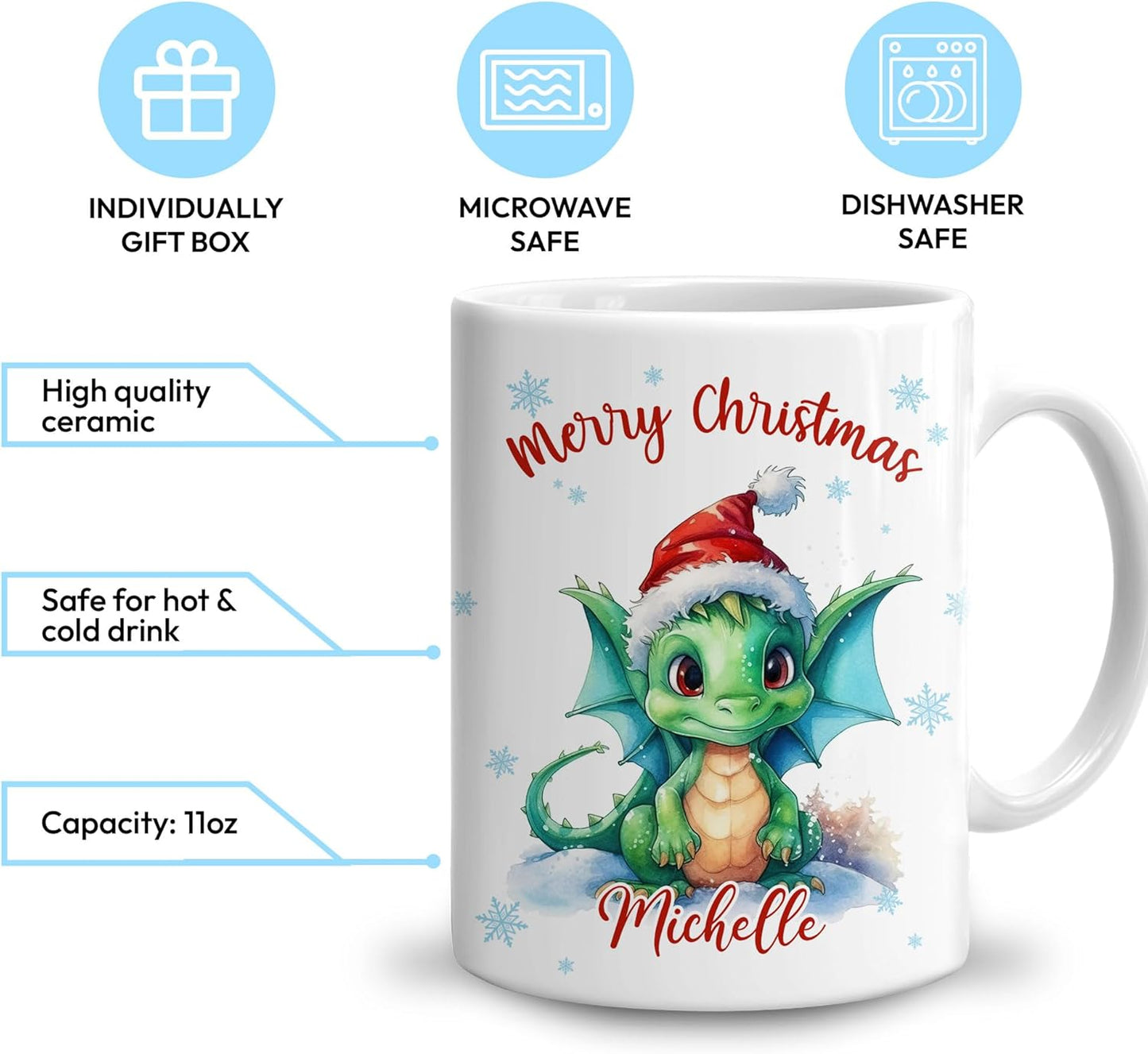 Hyturtle Personalized Gifts Dragon Lover - Dragon Wearing Santa Hat Custom Name Ceramic Coffee Mug Cup 11oz - Cute Animal Lovers Gifts For Women, Girl kids Family On Birthday, Christmas
