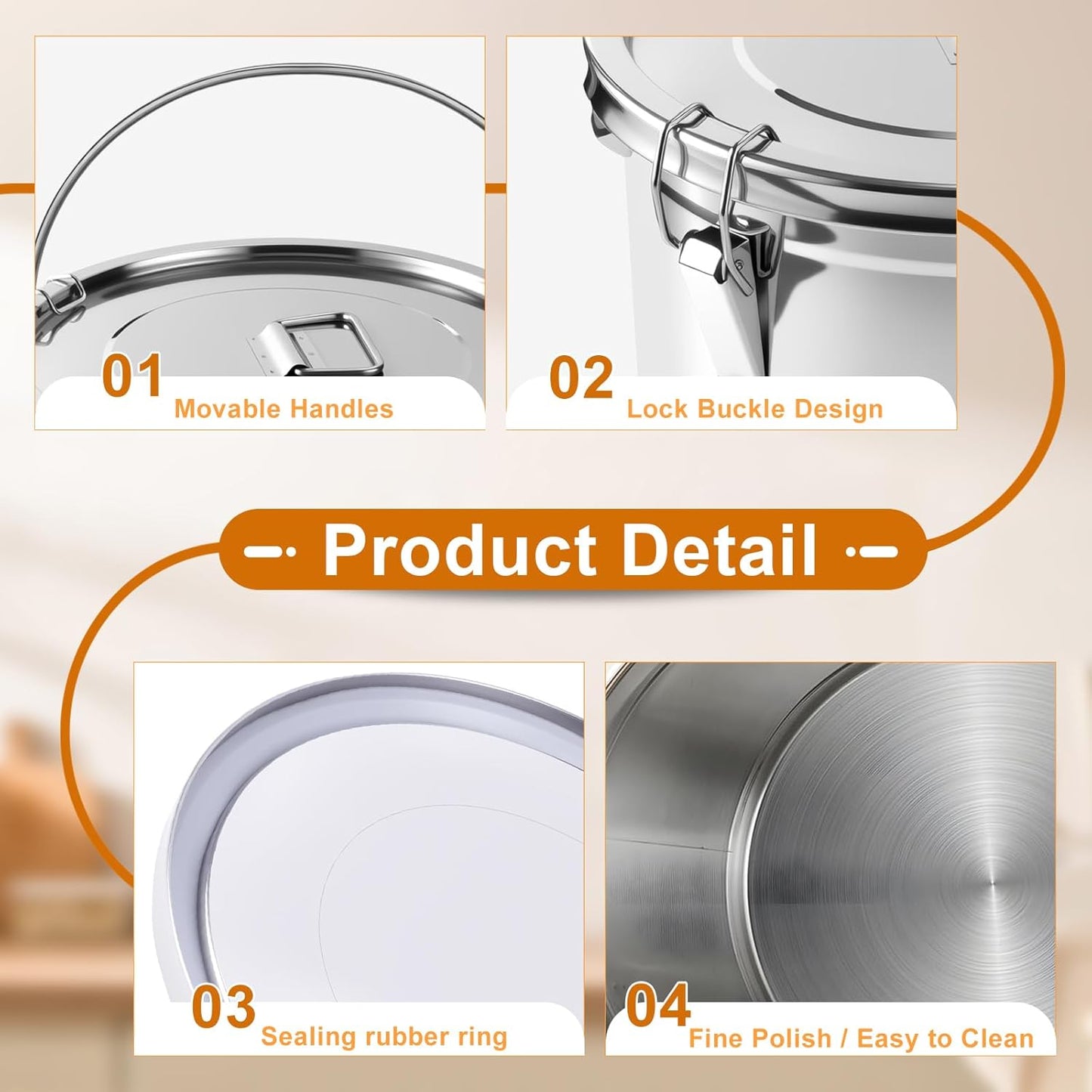 304 Stainless Steel Airtight Canister, 38 lbs Large Capacity Food Storage Containers with Lids and 4 Locking Clamp for Bean Flour Oil Sugar Milk Rice Container (Handheld) 21L/5.5 Gal