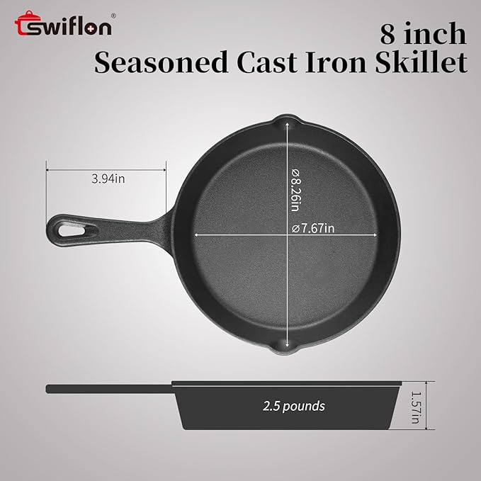 Cast Iron Skillets Non-Stick Frying Pans Griddle Egg Pan Round Indoor/Outdoor,Stove, BBQ, Grill Cookware，8 Inch