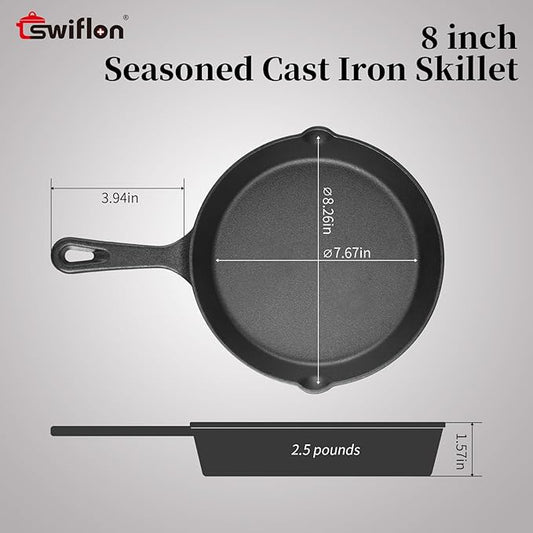 Cast Iron Skillets Non-Stick Frying Pans Griddle Egg Pan Round Indoor/Outdoor,Stove, BBQ, Grill Cookware，8 Inch