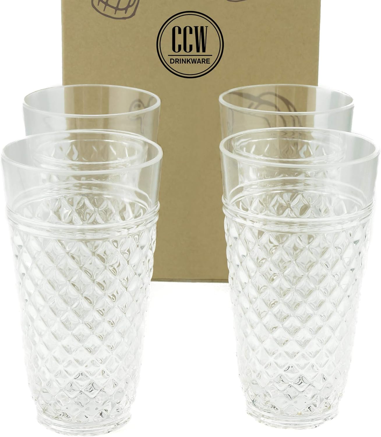 PG Plastic Drinking Glasses 20oz - Set of 4 Clear Acrylic Water Glasses - Plastic Tumblers, Safe & Reusable, Drinkware for Indoor & Outdoor Glassware