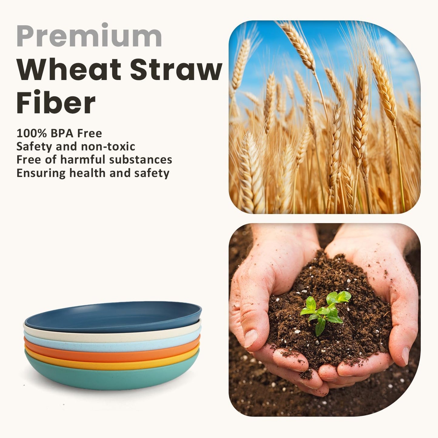 Homienly Dinner Plates, Deep Plate Set, Alternative to Plastic Plates, Microwave and Dishwasher Safe Wheat Straw Plates for Kitchen, Camping, Unbreakable Plate with 6 Colors, Set of 6 (9 Inch, Multi)