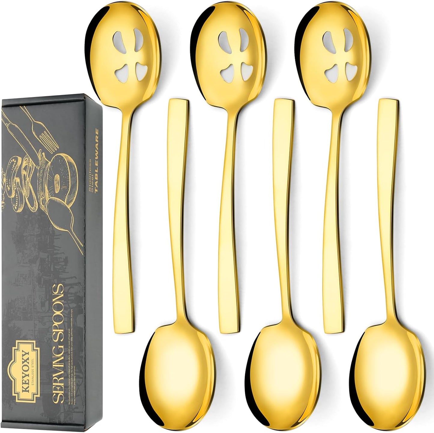 6 Piece Stainless Steel Serving Spoons Set - 3 Large, 3 Slotted, 9.2-Inch, Dishwasher Safe, for Parties/Kitchen/Buffet/Catering,Gold