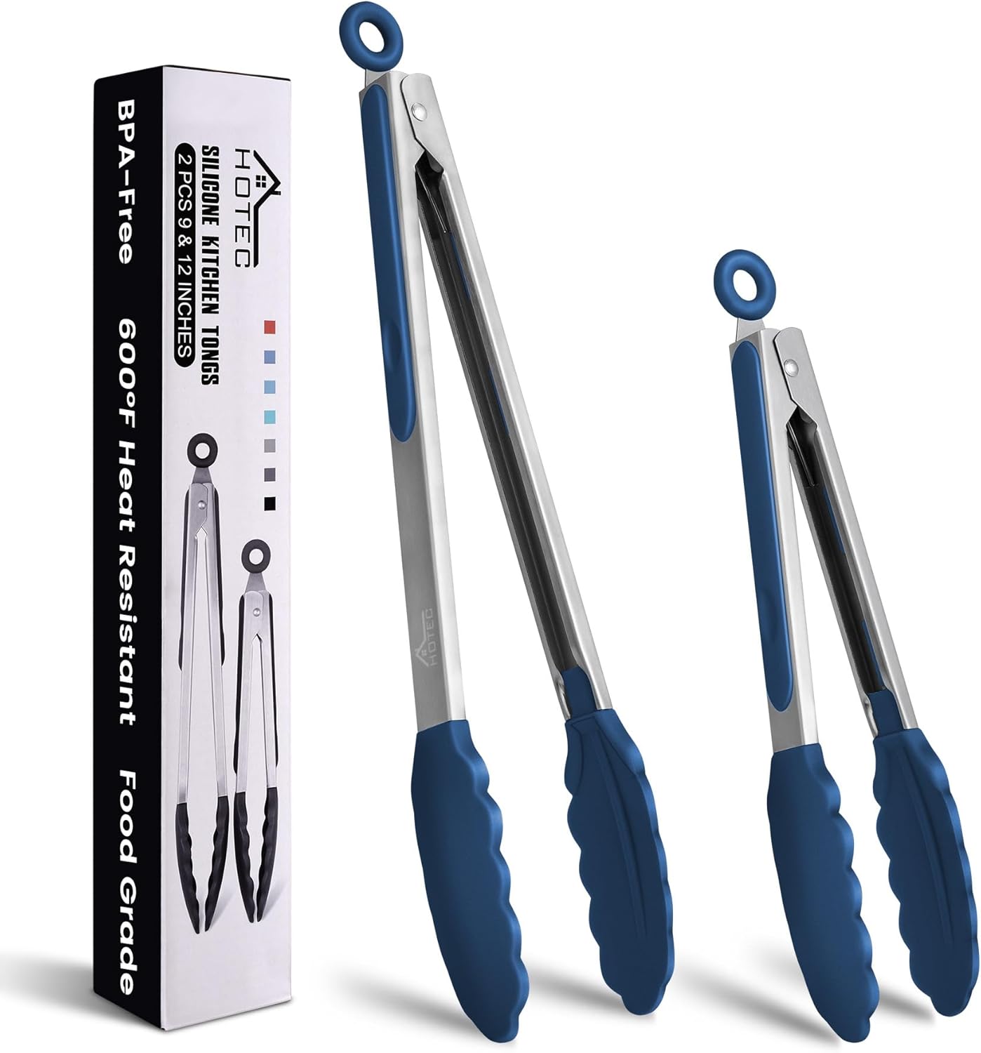 HOTEC Premium Stainless Steel Locking Kitchen Tongs with Silicon Tips, Set of 2-9" and 12", Classic Blue