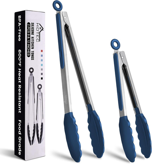 HOTEC Premium Stainless Steel Locking Kitchen Tongs with Silicon Tips, Set of 2-9" and 12", Classic Blue