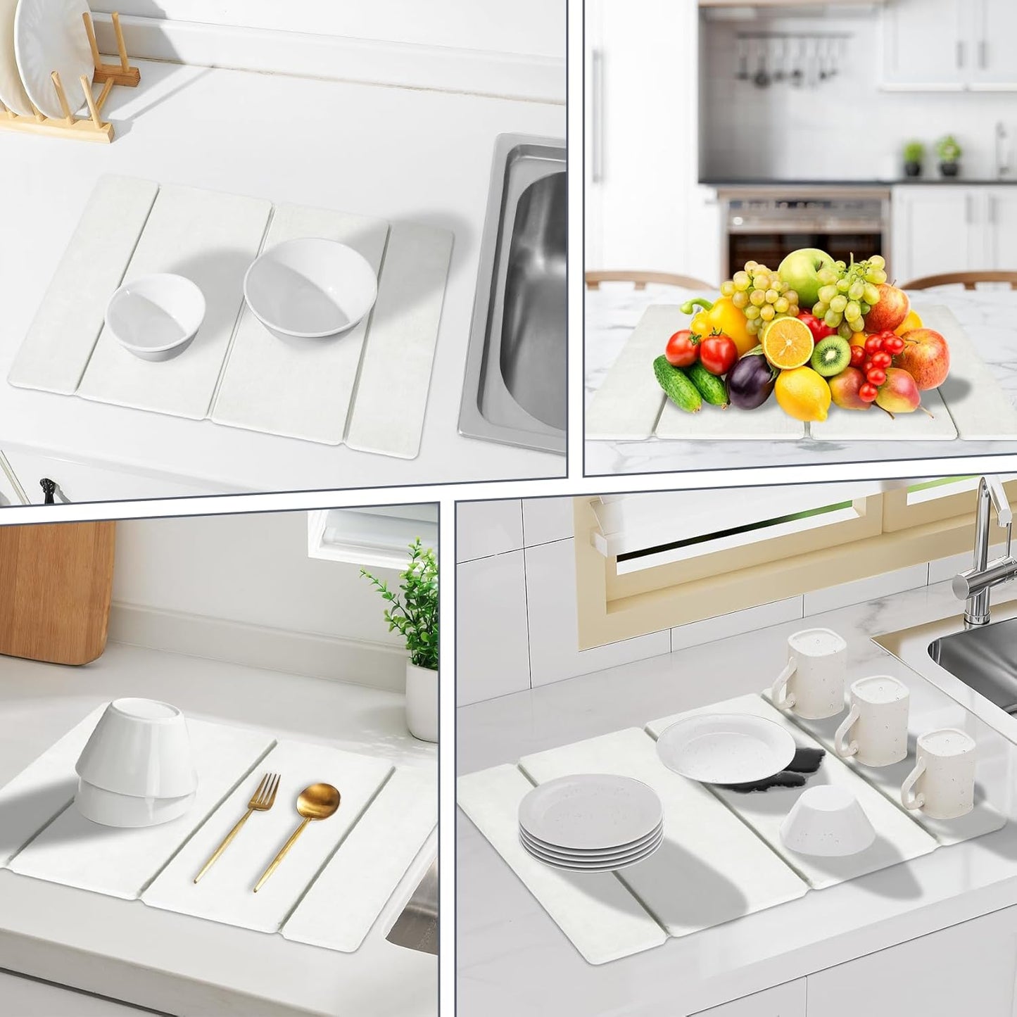 Stone Dish Drying Mat for Kitchen Counter，24x16 Collapsible Diatomaceous Earth Mats， Quick Drying Absorbent Dish Mat,Non-Slip Countertop & Bath Mat for Dishes Cups Bottles,White