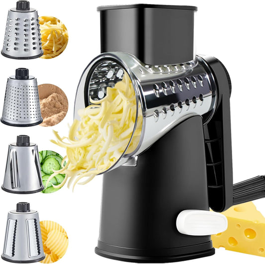 VEKAYA Cheese Grater, Cheese Grater Hand Crank, 4 Interchangeable Blades Cheese Shredder, Vegetable Slicer, Non-slip Suction Base, Easy to Clean Rotary Grater with Handle (Black)
