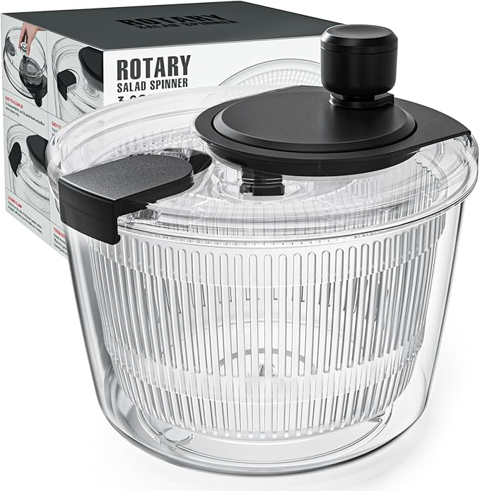 Cambom Salad Spinner Lettuce Spinner, Wash, Spin & Dry Salad Greens, Vegetable Washer Salad Dryer With Rotary Handle for Fruits & Vegetables, High Efficiency Vegetable Spinner Kitchen Gadget 3Qt Black