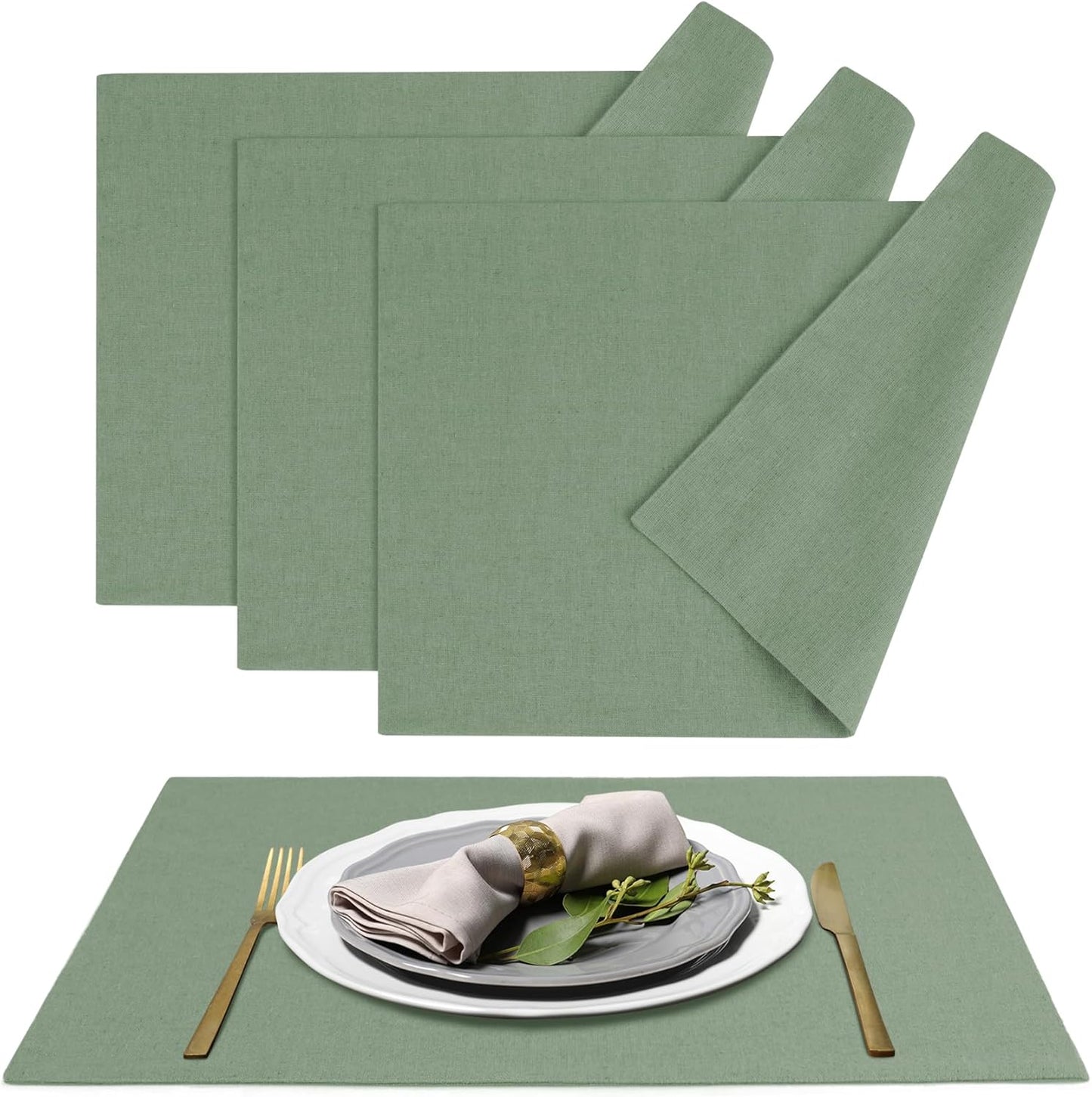 MANSPHIL Sage Green Fabric Placemats Set of 4 Washable Thick Faux Linen Table Place Mats Double Layer Fabric Wrinkle Free Dining Kitchen Table Decor - 13x19 Inch Oeko Tex Placemat