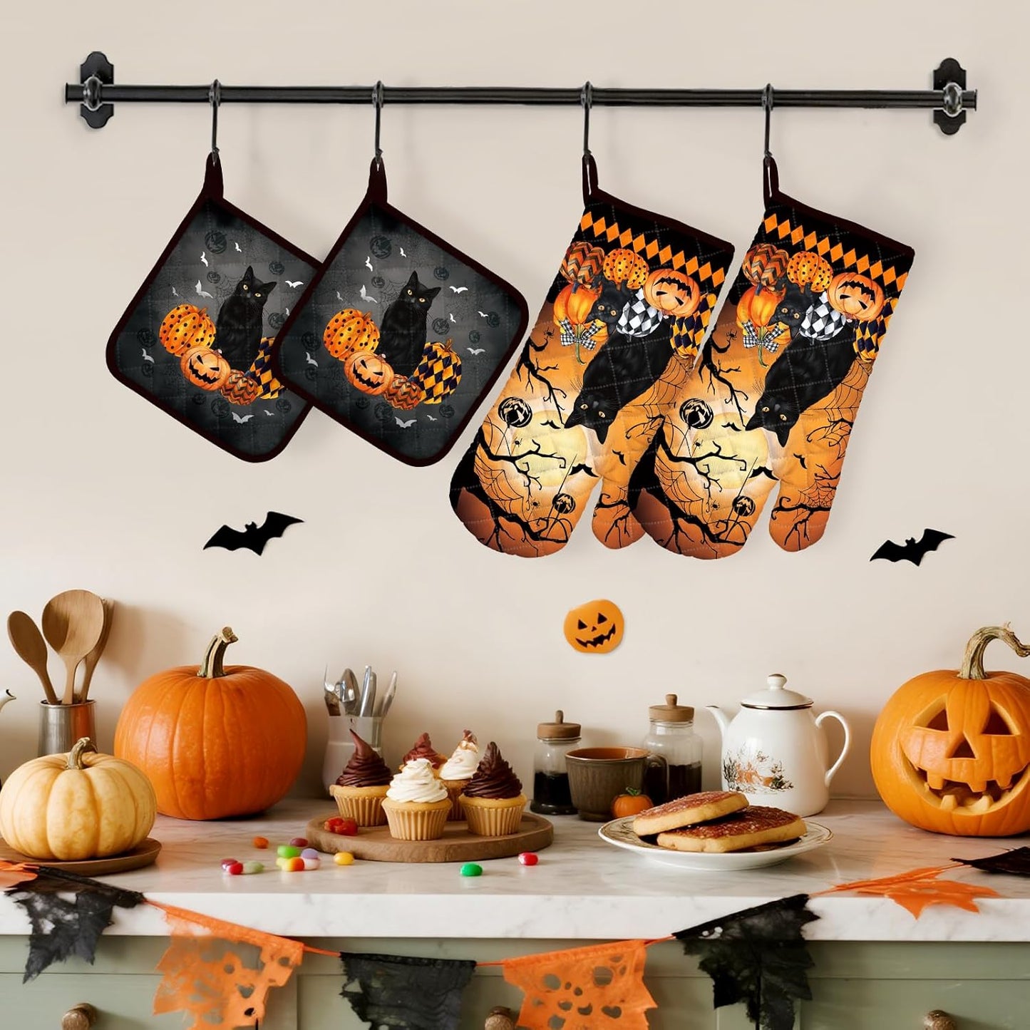 Halloween Cat Oven Mitts and Pot Holders Sets 4Pcs, 100% Cotton Heat Resistant, Extra Long Oven Gloves Potholder for Kitchen Cooking Baking Decoration