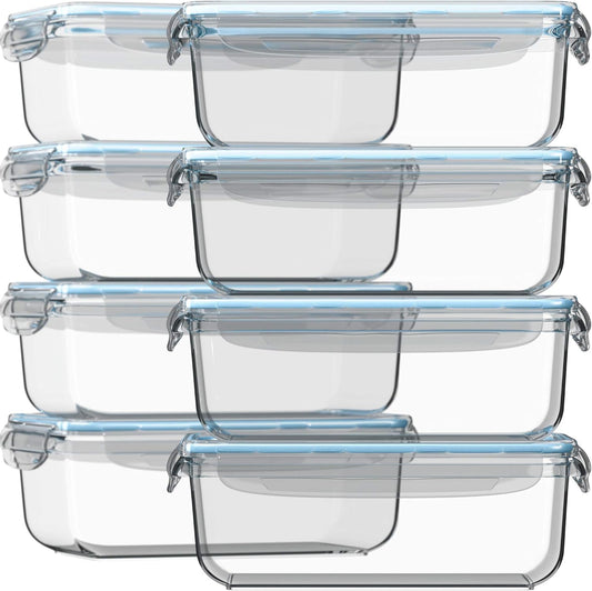 Razab 16 Pc (Set of 8) 30 Oz Glass Meal Prep Containers with Lids, Airtight Large Glass Food Storage Containers, Reusable Leak Proof BPA Free, Freezer to Oven and Dishwasher Safe