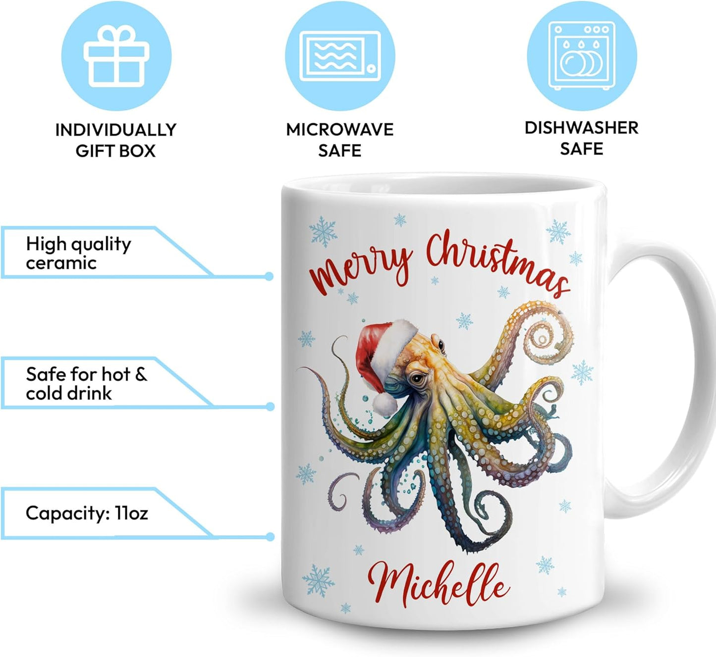 Hyturtle Personalized Gifts Octopuses Lover - Merry Christmas Customized Name Ceramic Coffee Mug Cup 11oz - Cute Sea Animal Lovers Gifts For Women, Girl kids Family On Birthday, Christmas