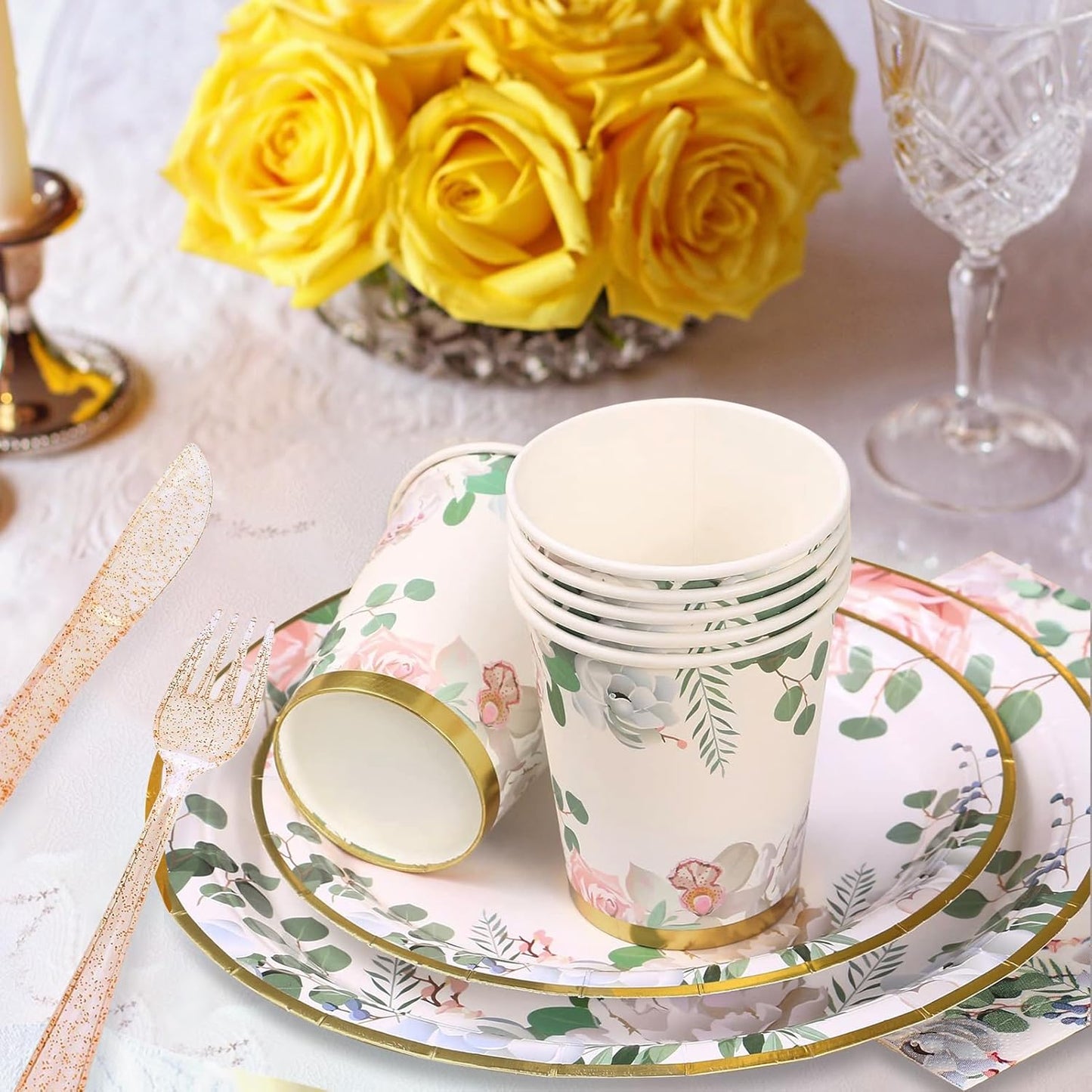 350 PCS Floral Plates and Napkins Party Supplies Serve 50 Flower Disposable Paper Dinnerware Sets for Adults Bridal Shower Decorations Baby Shower Birthday Wedding Engagement Tea