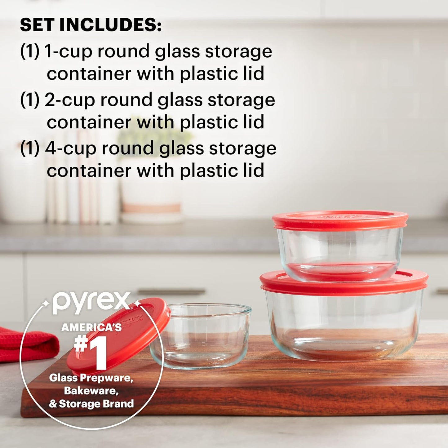 Pyrex Simply Store 3-Pack (1, 2 & 4 Cup) Small Round Glass Food Storage Containers Set, Snug Fit Non-Toxic Plastic BPA-Free Lids, Freezer Dishwasher Microwave Safe