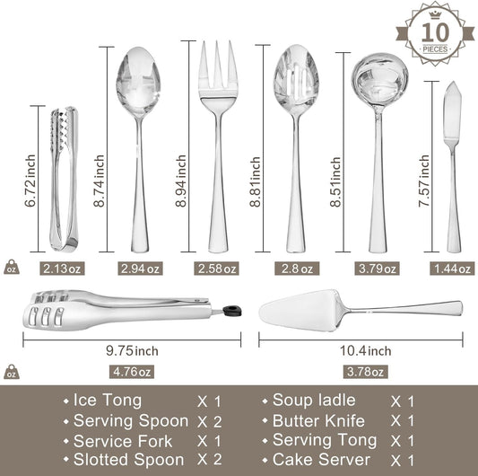 KINGSTONE 10 Piece Serving Utensils Set, 18/10 Stainless Steel Serving Utensils, Slotted Spoon, Fork, Tong, Soup Ladle, Cake Server, Butter Knife and Ice Tong for Buffet, Parties, Kitchen,Entertaining
