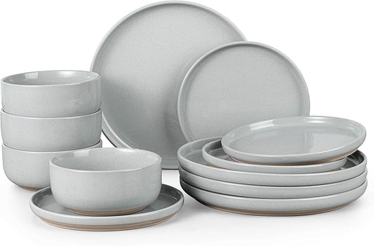 HaWare Stoneware Dinnerware Sets, 12-Piece Plates and Bowls Set for 4, Dishes Set for Home Restaurant, Speckled Misty Grey