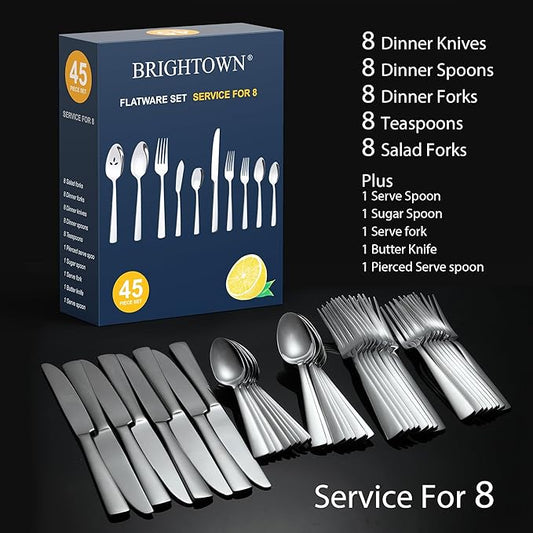 45-Piece Flatware Sets, Silverware Set for 8, Durable Stainless Steel Tableware in Ergonomic Design Size and Weight, Kitchen Utensils Set with Steak Knives, Rust-proof, Dishwasher Safe