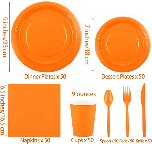 durony 350 Pieces Orange Paper Plates and Napkins 7/9 Inch Disposable Dessert Plates Sever 50 Guests Cup Cutlery Napkins Solid Color Party Supplies for Birthday Wedding Party Family Picnic